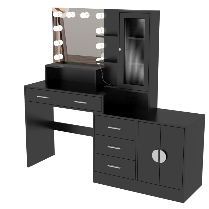 Coiffeuse de maquillage avec lumières, prise USB et prise de courant et armoire à tiroirs, Noir, noir, noir, noir