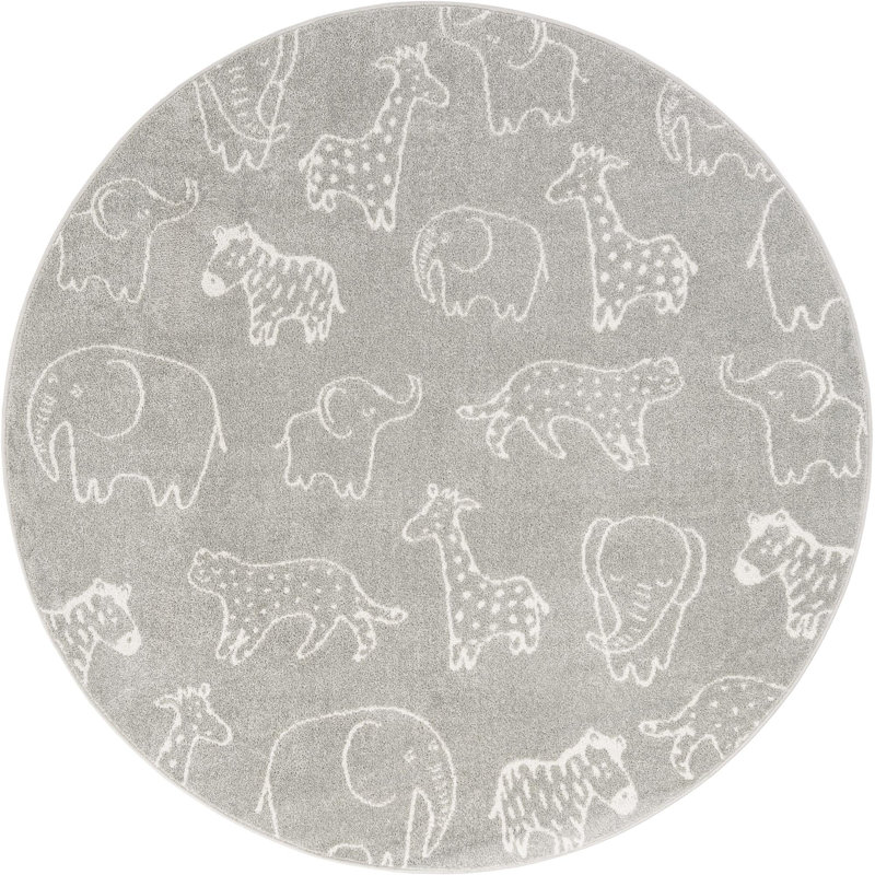 Whimsy Safari Animals Kid Rug, Gray/Ivory, Round 6'1"