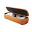 Banc de rangement long en cuir orange avec revêtement en bois orange-129680167-112220540