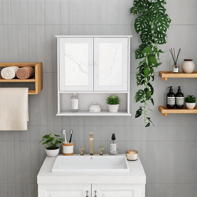 Armoire de salle de bain murale blanche, porte de miroir avec tablettes intérieures