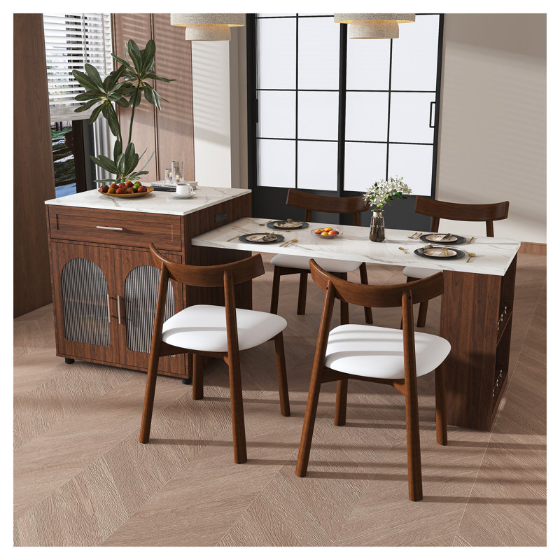 Ensemble de salle à manger avec îlot de cuisine extensible de 80 pouces avec 4 chaises en bois massif, noyer