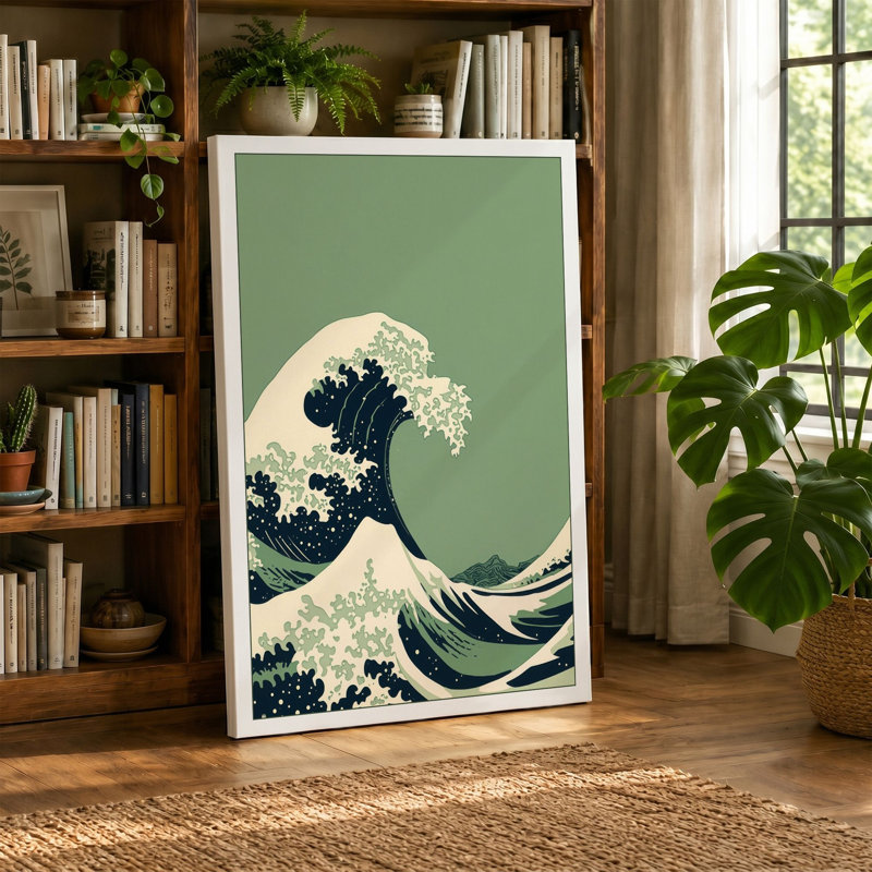 Great Wave Rising Japandi 1 Piece Wrapped Canvas Wall Art, 36x24 - 91.4 x 61.0 cm, Cream Border