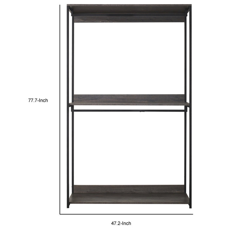 Portemanteaux modulaire autoportant Gin, 3 tablettes gris rustique, 2 tringles de suspension, noir