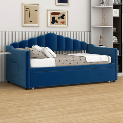 Twin Size Upholstered Daybed – Adjustable Height Pop-Up Trundle, USB/Type-C Charging Port, 2 Side Pockets & No Box Spring Needed