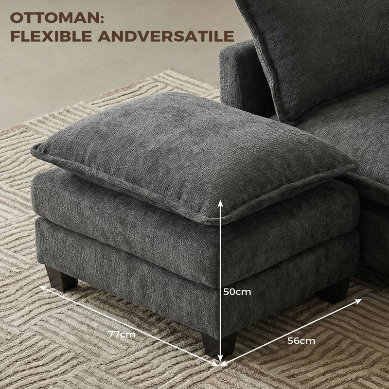 239cm Ultra-Soft Sofa with 2 Ottoman, Grey