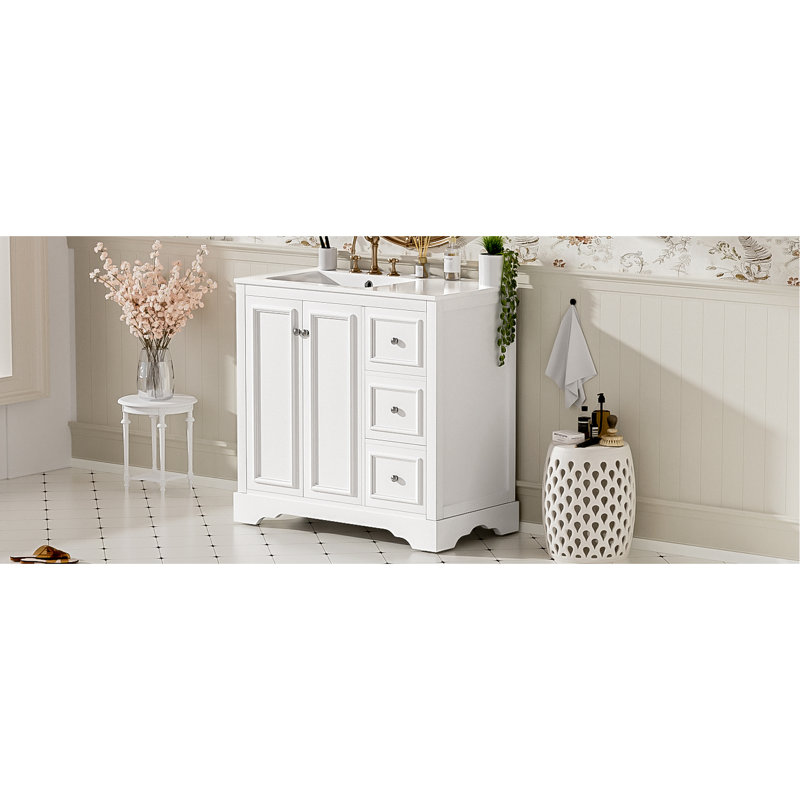 Meuble-lavabo transitionnel de 36 po avec 3 tiroirs, dossier ouvert et fonction de fermeture en douceur avec lavabo en céramique de 36 po, 2 portes et tiroir divisé