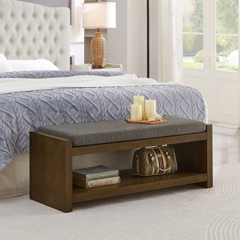 47" Accent Bench with Lower Shelf Shoe Rack, Padded Seating Bench for Living Room, Modern Compact Bed End Bench with Storage for Bedroom Seating, Removable Cushion,  47"W-Granite