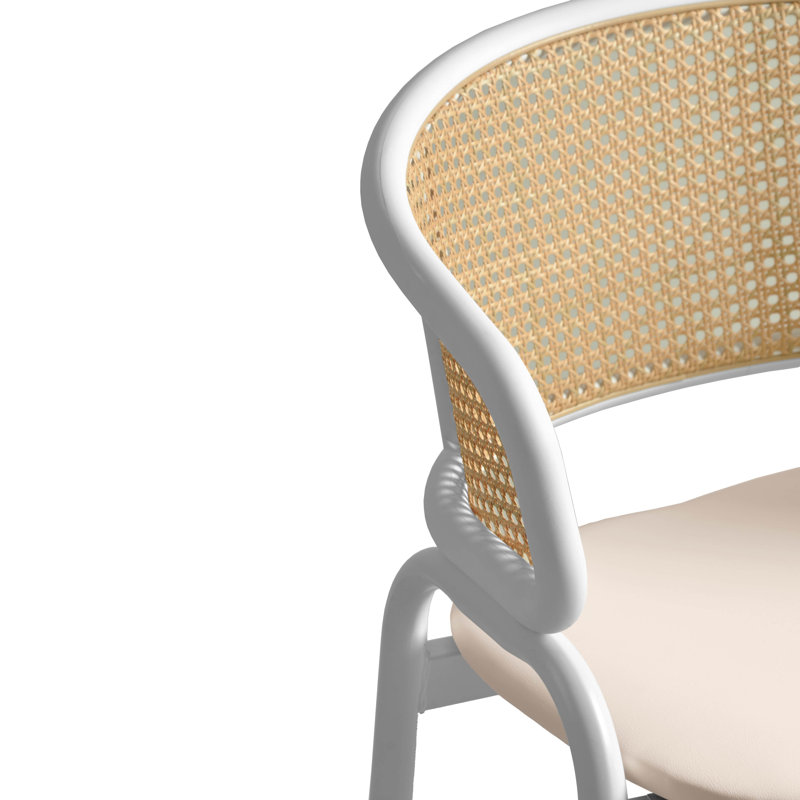 Tabouret de bar en cuir Daishun avec base en acier inoxydable thermolaqué blanc et dossier en osier incurvé, Blanc, 2