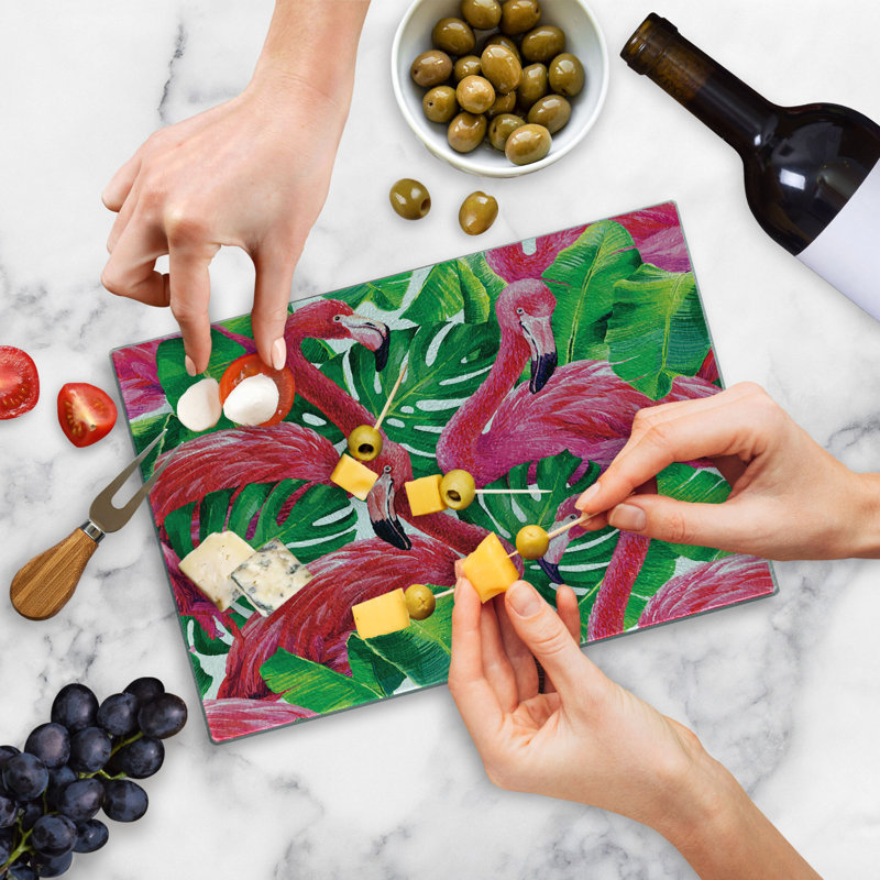 Planche à découper Ambesonne Flamingo en verre trempé rétro feuilles exotiques rose vert