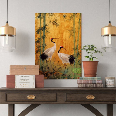 Toile, art mural, deux grues dans la forêt de bambous, affiche rétro, impression, décoration intérieure