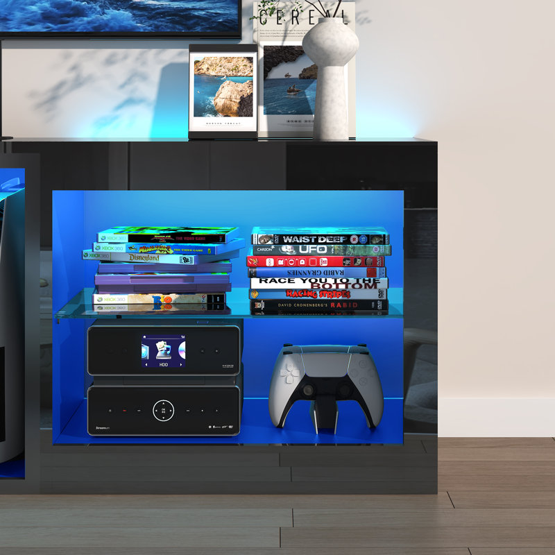 71'' Modern High-Gloss LED TV Stand for 75/80in TVs with Power Outlets, Adjustable Shelves, PS5 Compatible, Black, 70.9" W