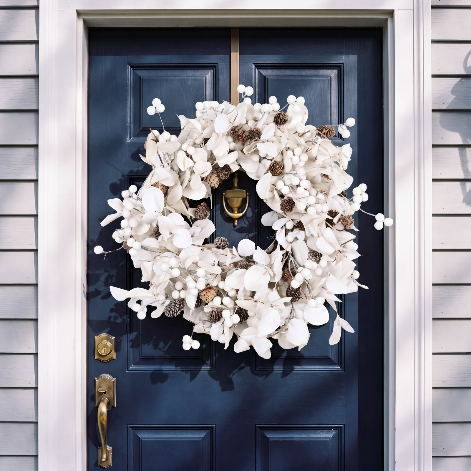 Artificial Farmhouse Blossoms Cluster Foliage Leaves Pinecone Berry Christmas Day Winter Wreath For Front Door