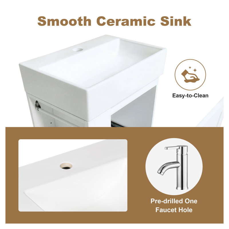 Petit meuble-lavabo de 20 pouces avec lavabo en céramique, meuble-lavabo mural moderne avec tiroir et tablette latérale, meuble-lavabo compact en panneau de fibres à densité moyenne blanc avec poignée dorée