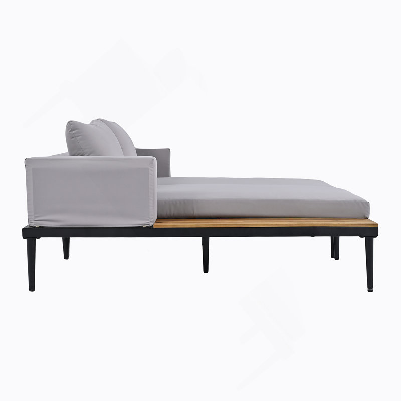 Outdoor Daybed Patio Metal Daybed With Wood Topped Side Spaces  For Drinks, Chaise Lounges, Gray Cushion/Black Frame