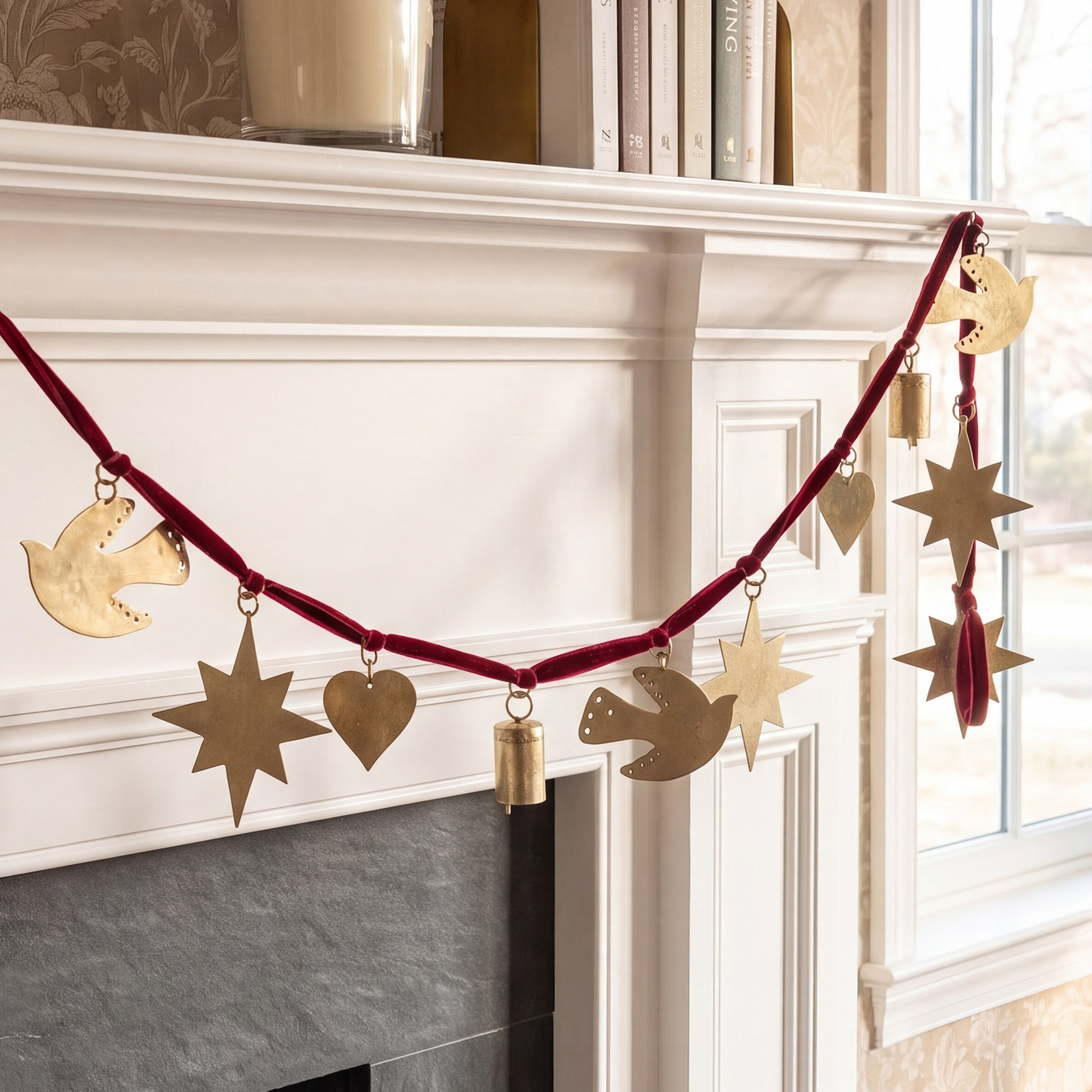 CHRISTMAS CHARM GARLAND WITH MAROON VELVET RIBBON