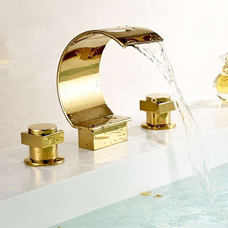 Robinet de baignoire cascade espacé doré poli - Design luxueux à fixation sur le comptoir