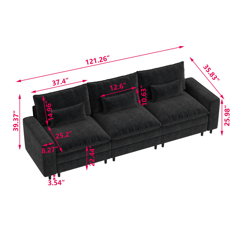 Canapé modulaire moderne en chenille, 3, H 39,37 po x l 121,26 po x P 35,83 po, Noir