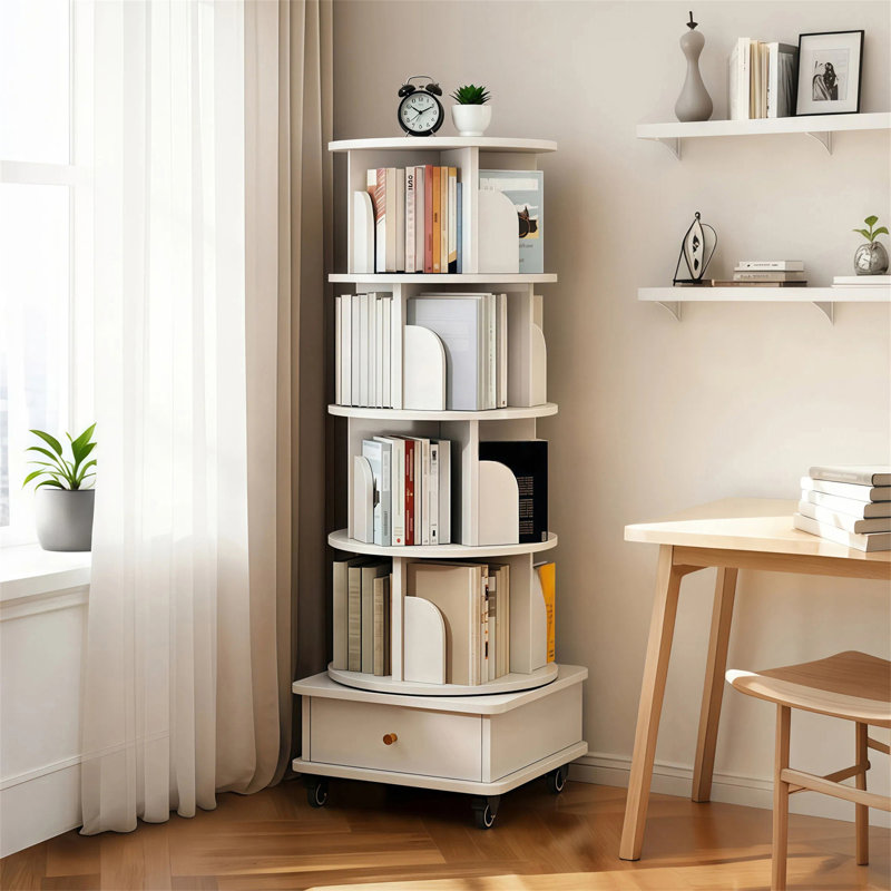 Bibliothèque rotative à 5 niveaux, Blanc, (5 tablettes) H 55,91 po x l 18,11 po x P 18,11 po