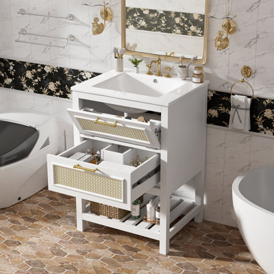 Armoire de salle de bain avec 1 tiroir profond, 1 tiroir basculant, lavabo simple