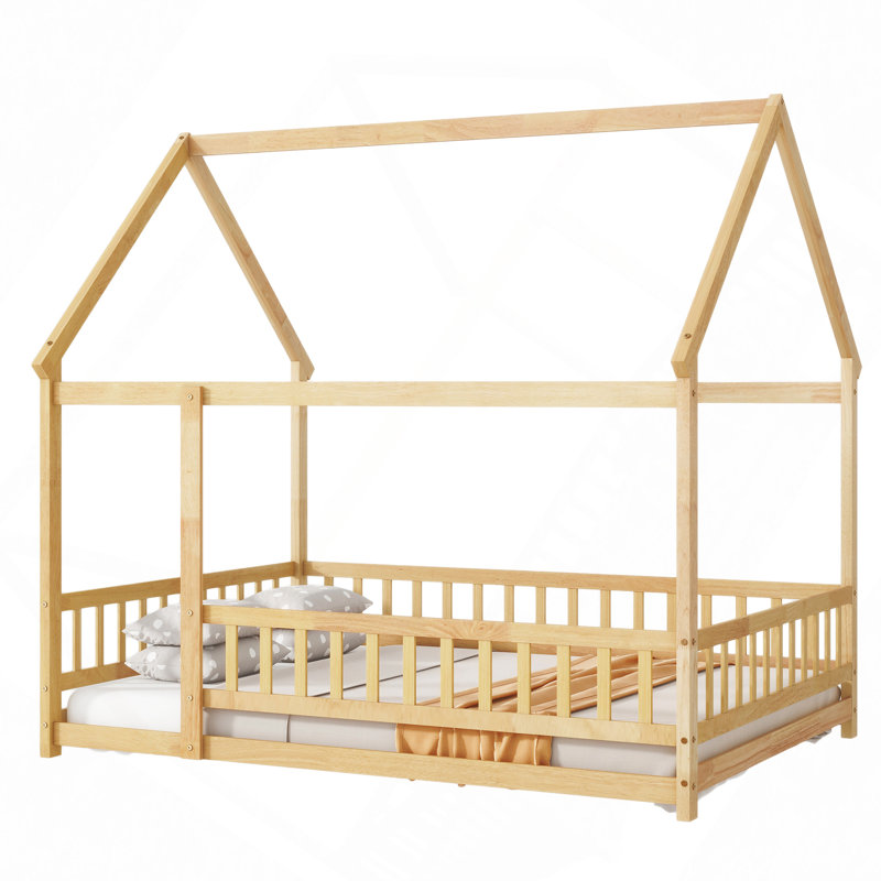 Lit en bois avec structure de toit et garde-corps de sécurité, Simple, Naturel