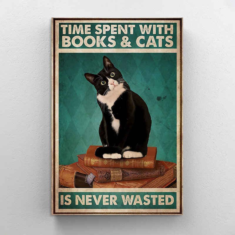«Vintage Black Cat Time Spent with Livres and Cats is Never W gaste», impression sur toile tendue