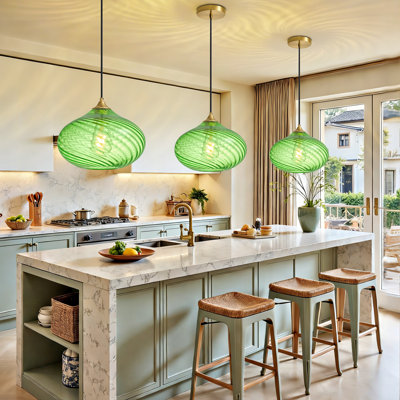 1 - Light Gold Kitchen Island Single Pendant Light With 11in Striped Green Glass Shade