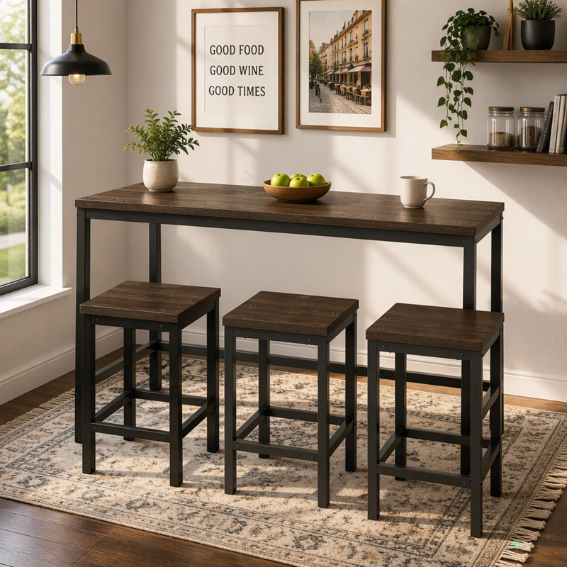 Modern Design Kitchen Dining Table,Pub Table,Long Dining Table Set With 3 Stools,Easy Assembly