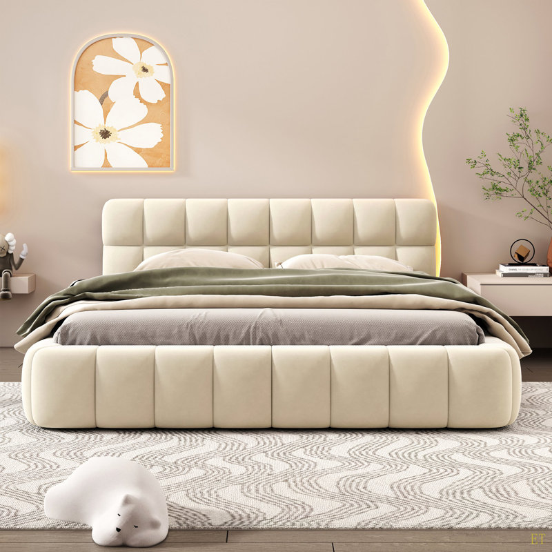 Queen Size Upholste Platform Bed With Thick Fabric, Grounded Bed With Solid Frame, Beige