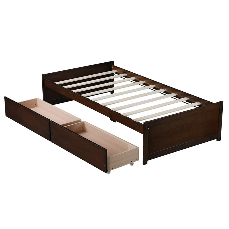 Twin Size Solid Wood Standard Kids Bed With 2 Drawers, Espresso
