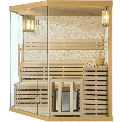 ZONEMEL Traditional Steam Sauna,4-5 Person Luxury Indoor Sauna with 6KW Harvia Heater, Canadian Hemlock, Pentagon Design, Double Level Bench, 8 mm Tempered Glass, 7-Color Lights, WiFi Control, 220V