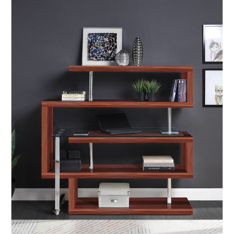 Bureau à la mode avec verre transparent et lustré, espace de rangement à 4 tablettes, rotation à 360 °, 2 espaces de travail élégants, finition, tablettes de rangement,