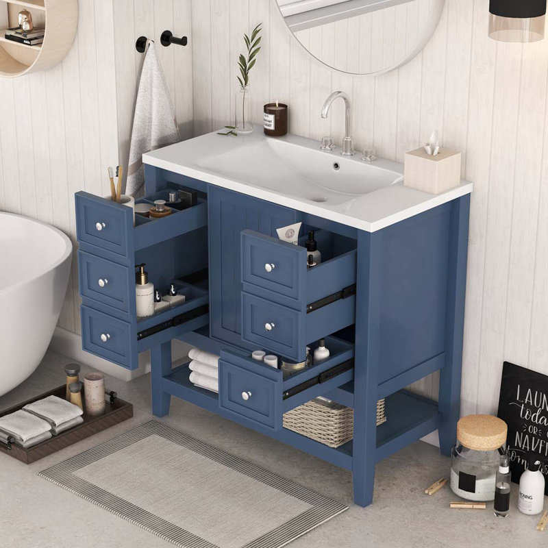 Emmaley 36.11 " W Freestanding Standard Free Standing Single Double Single Vanity Bathroom Vanity With Ceramic Top, Blue