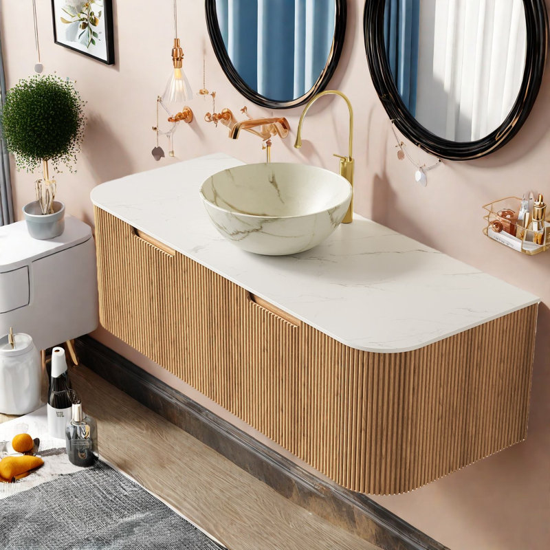 Ensemble de meuble-lavabo et meuble-lavabo Modern, 48 po, bois naturel et plateau de Carrare