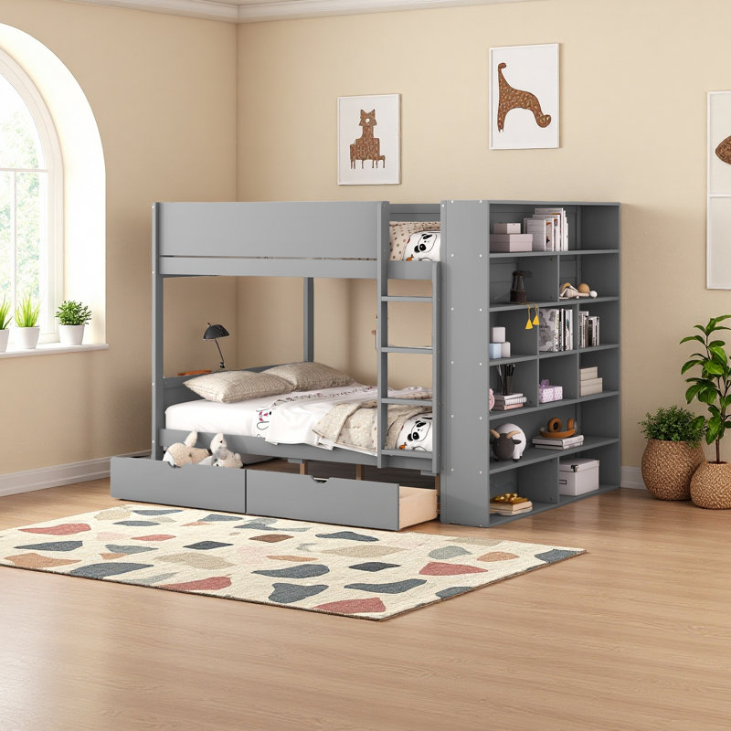 Lit superposé avec 2 tiroirs et armoire à couches multiples, Gris, Lit superposé double sur double