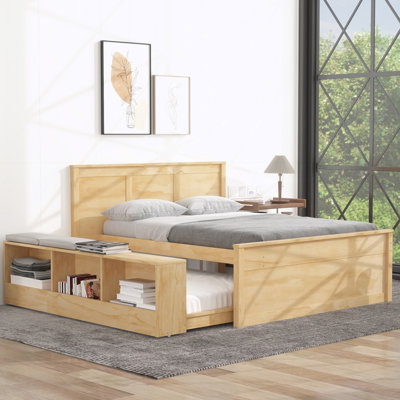 Lit plateforme double en bois avec lit gigogne escamotable