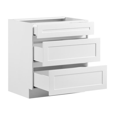 Meuble bas blanc de style Shaker, 76 cm de largeur, à assembler, 76 cm de largeur x 61 cm de profondeur x 88 cm de hauteur, comprend 3 tiroirs, un mécanisme de fermeture amortie, des chants résistants, convient à la maison, au bureau ou à la buanderie.
