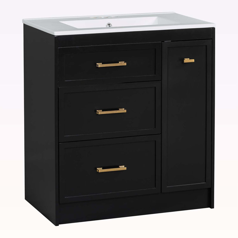 Ensemble de meuble-lavabo avec lavabo et trois tiroirs, Noir, noir, noir, noir