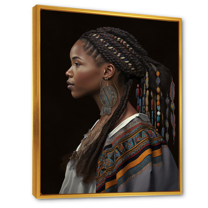 Femme afro-américaine, vêtements traditionnels V sur toile, H 20 po x l 12 po x P 1 po, Cadre flottant doré