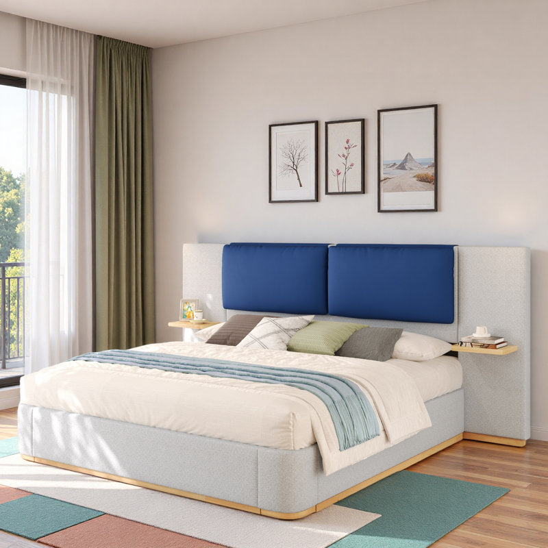 Lit plateforme tapissier avec tablettes, Gris/bleu marine, Grand lit
