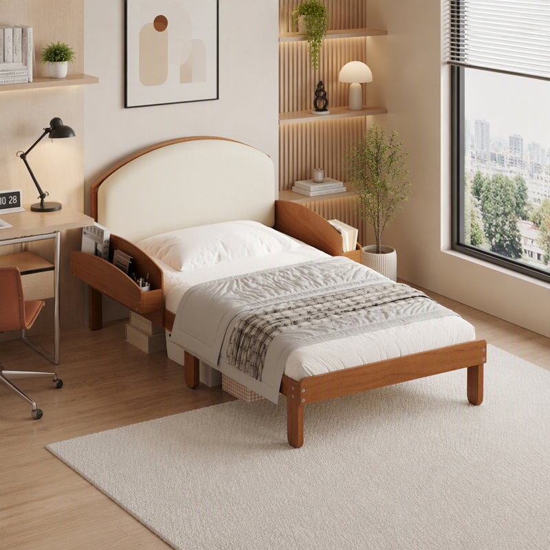 Lit simple avec tête de lit rembourrée et tablettes, Noyer