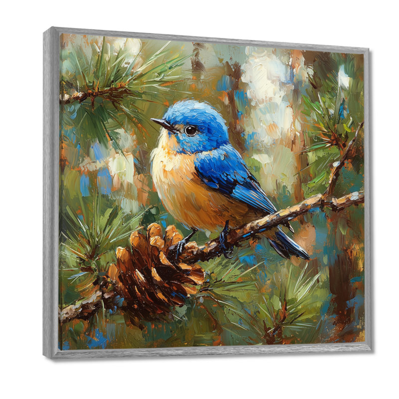 «Cheery Bluebird In The Pines II», art mural oiseau, Impression encadrée flottante, Argent, H 16 po x l 16 po