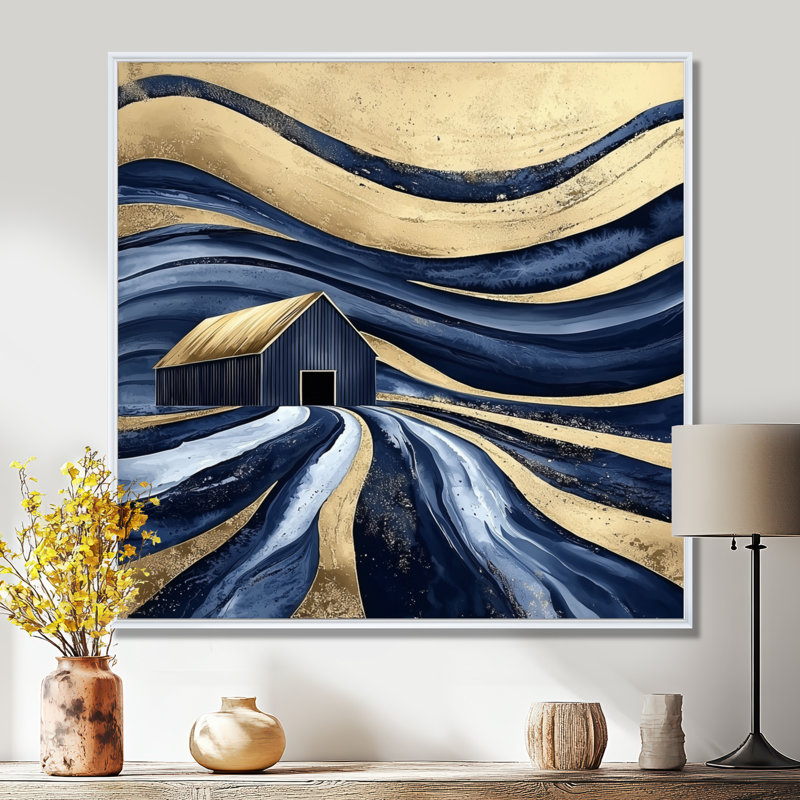 Grange abstraite bleue et or III - Décoration murale de style grange pour salon, 44" H x 44" W, Blanc
