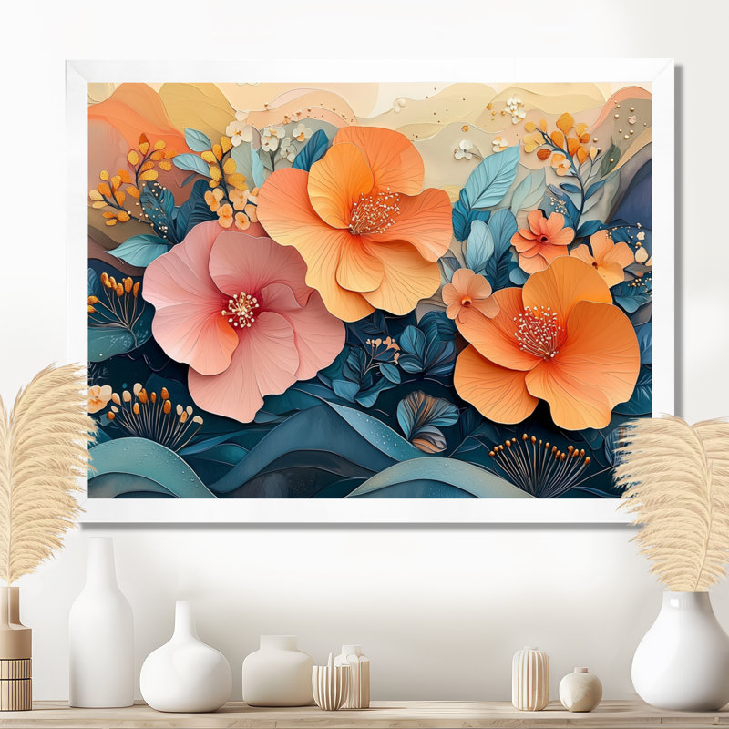 Hibisuc tropical dans une symphonie côtière III - Hibiscus, art mural, H 30 po x l 40 po, Cadre flottant, Blanc