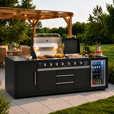 Akoah 7-Burner Modular Outdoor Kitchen Island with Gas Grill & Charcoal Cooking, 2-in-1 Side Burner, Fridge & Sink