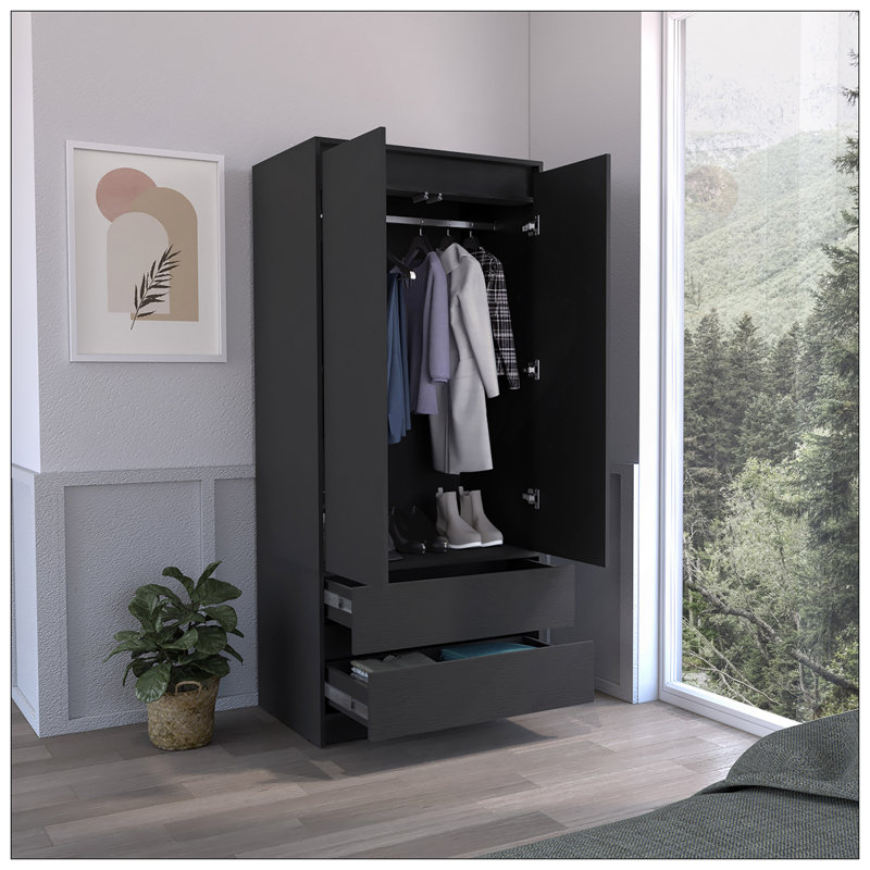 Armoire, garde-robe avec deux tiroirs, tringle, noir, Noir
