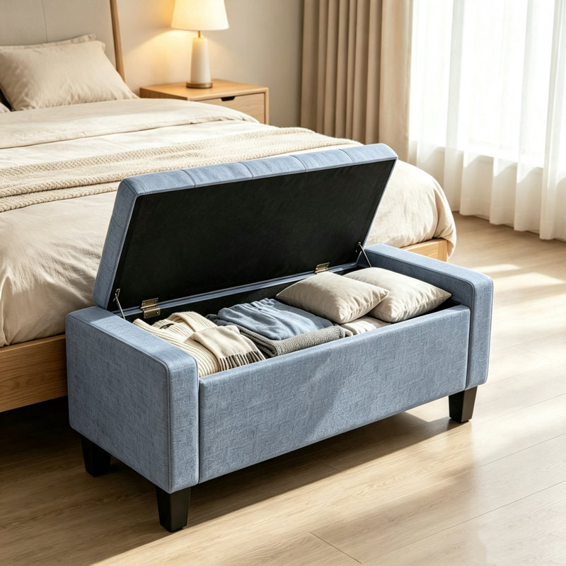 Banc de rangement avec repose-pieds de 36,6 pouces avec pieds en bois, banc de salon de chambre à coucher rembourré avec espace de rangement caché, pieds en bois d'hévéa robustes pour le changement de chaussures et le repos rapide