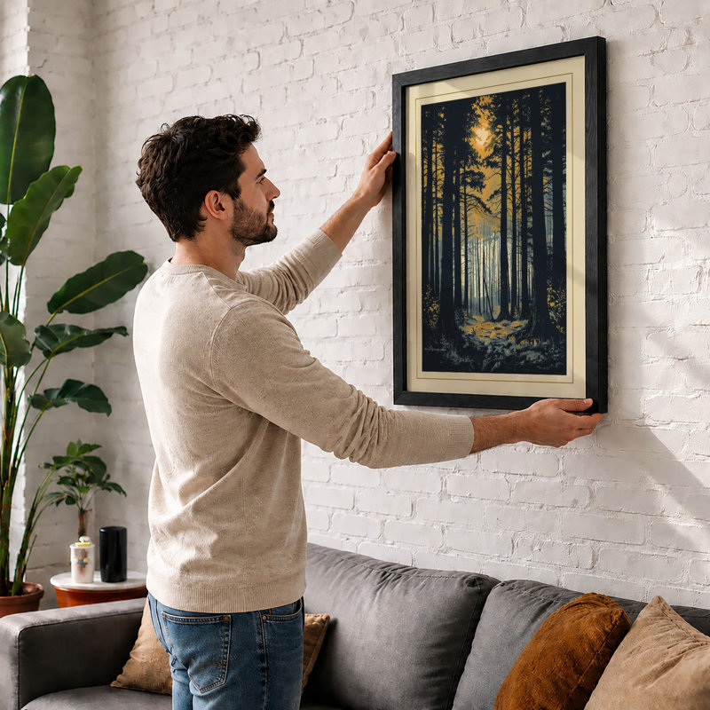 Forest Path to Light Japandi - Framed Print, A4 - 29.7 x 21.0 cm, Oak