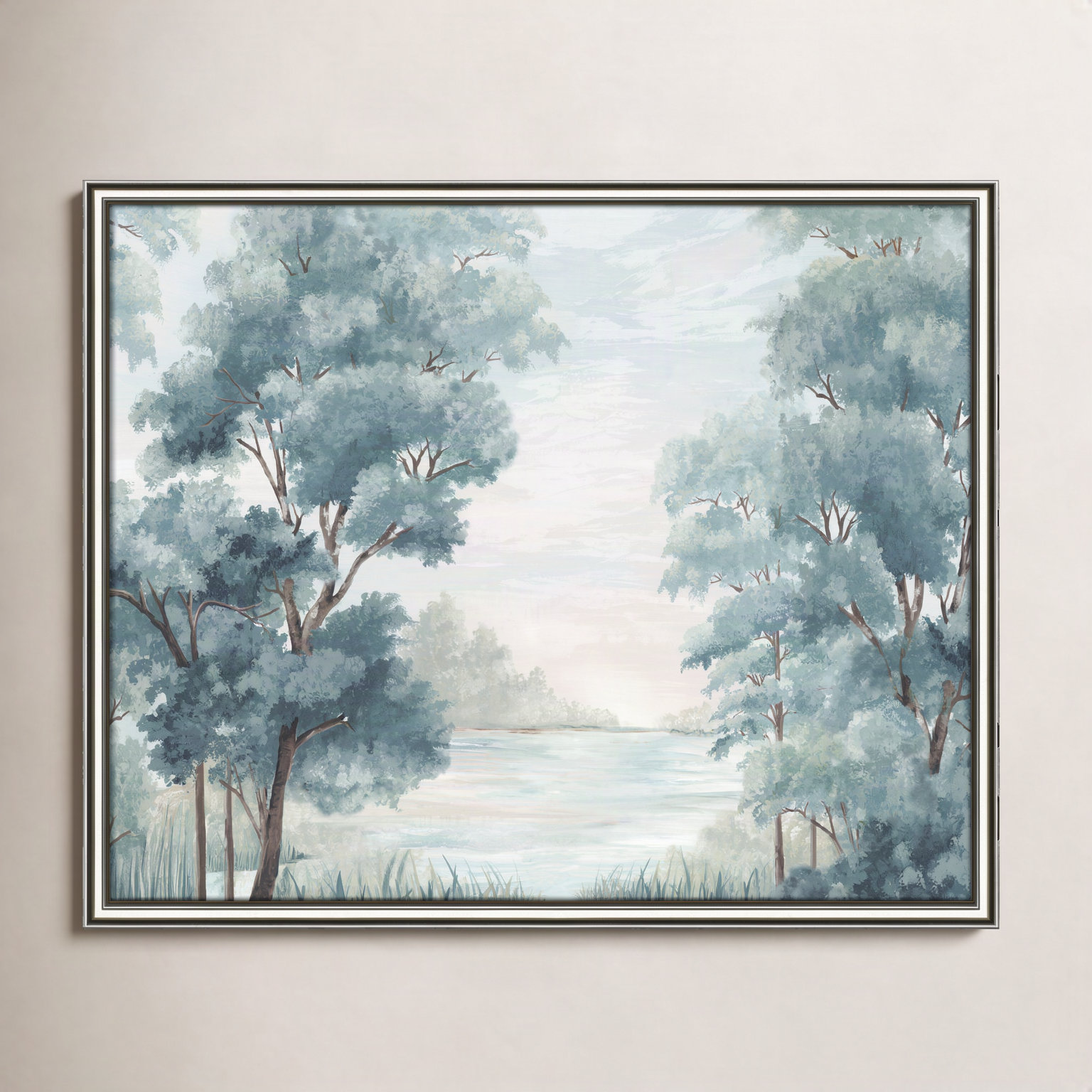 LeeRoy "Calm Forest River" Painting, 22.75" H x 26.75" W x 0.87" D, Silver Framed
