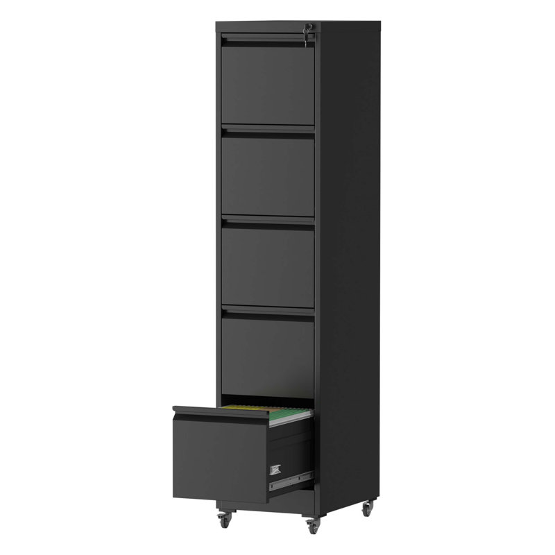 Classeur vertical en métal 5 tiroirs avec serrure sur roulettes pour bureau à domicile, Noir