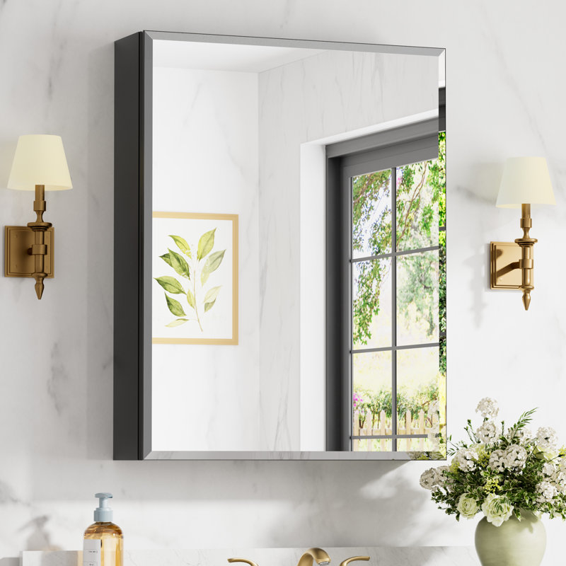  Armoire à pharmacie 24 po x l 30 po avec miroir, cadre de salle de bain encastré ou à fixation en surface avec tablette en verre trempé réglable, grand espace de rangement (noir)
